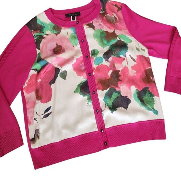 St John Cardigan Sweater Womens Large Silk Wool Floral Spring Lightweight - Picture 1 of 5